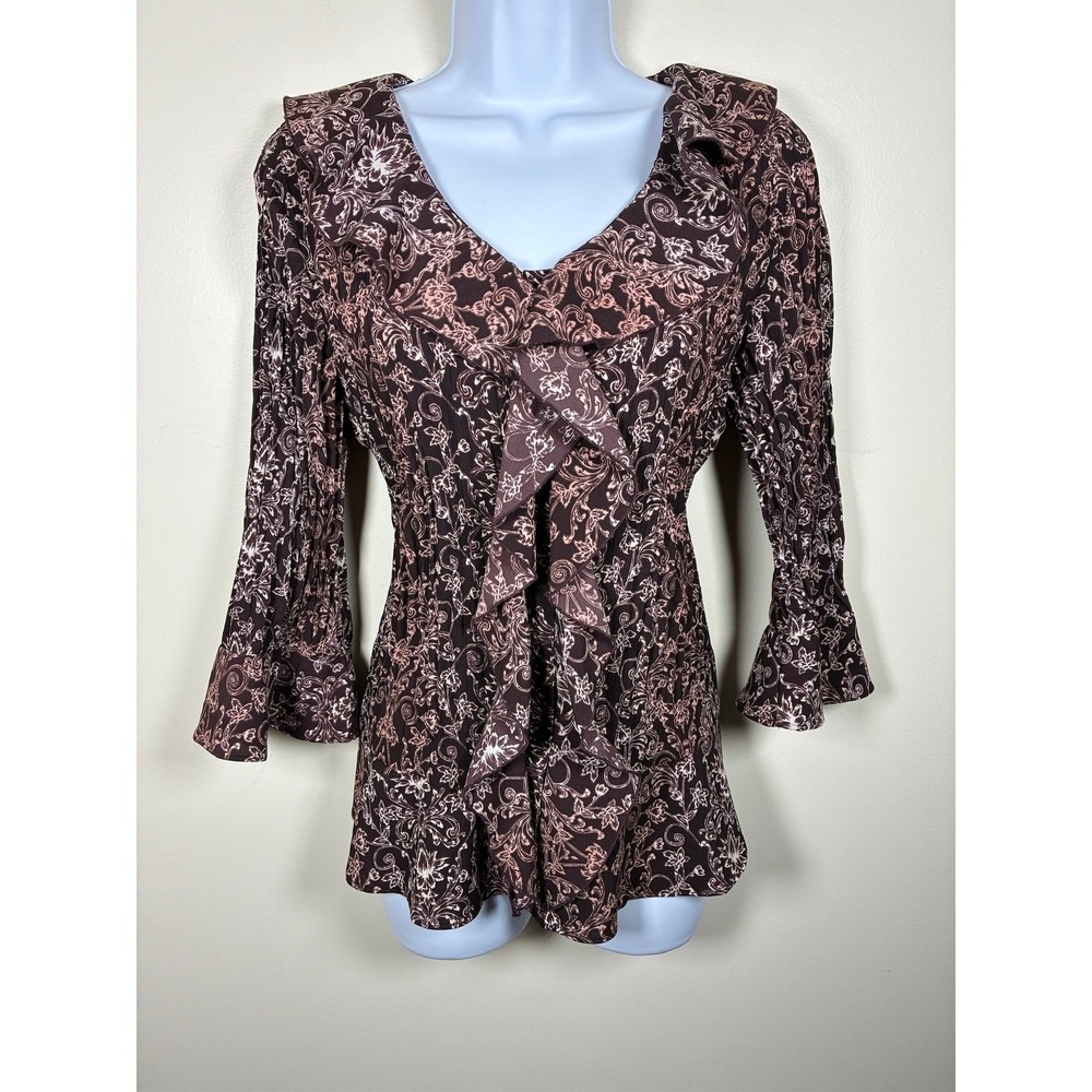 Y2K Fairy Grunge Poet Ruffle Top Size M Brown Dark Floral Whimsigoth Plisse